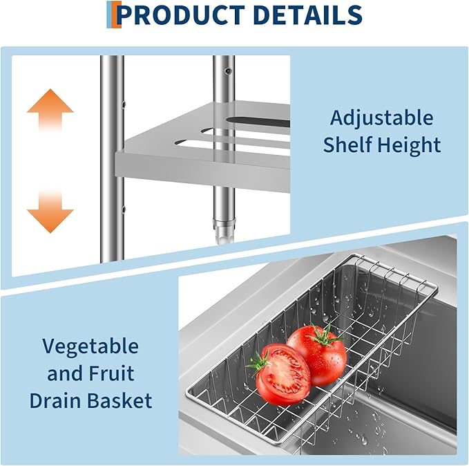 Garvee 36" Stainless Steel Utility Sink Workstation with Faucet, Adjustable Height Freestanding Sink with Storage Drawer, Knife Rack, Hooks & Drain Kit for Kitchen, Laundry, Garage, or Outdoor Use