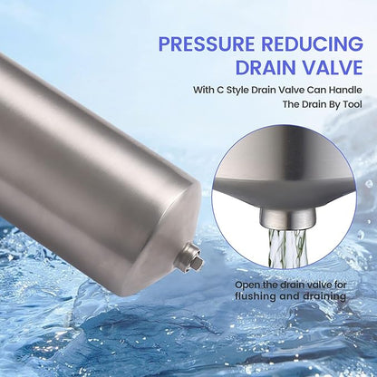 Amwater NSF/ANSI 42 Stainless Steel Whole House Water Filter Housing, 10" x 2.5" Sediment Water Filter System for Heavy Duty, Well & City Water, 1/2" NPT Port, Drain Valve Style C(Square Head)