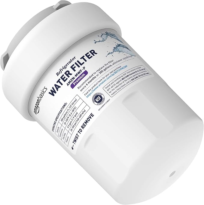 Amazon Basics Replacement Water Filter Cartridge Compatible with GE MWF Refrigerator, Easy to Install, NSF/ANSI 42 Certified, Reduces Lead, 1-Pack