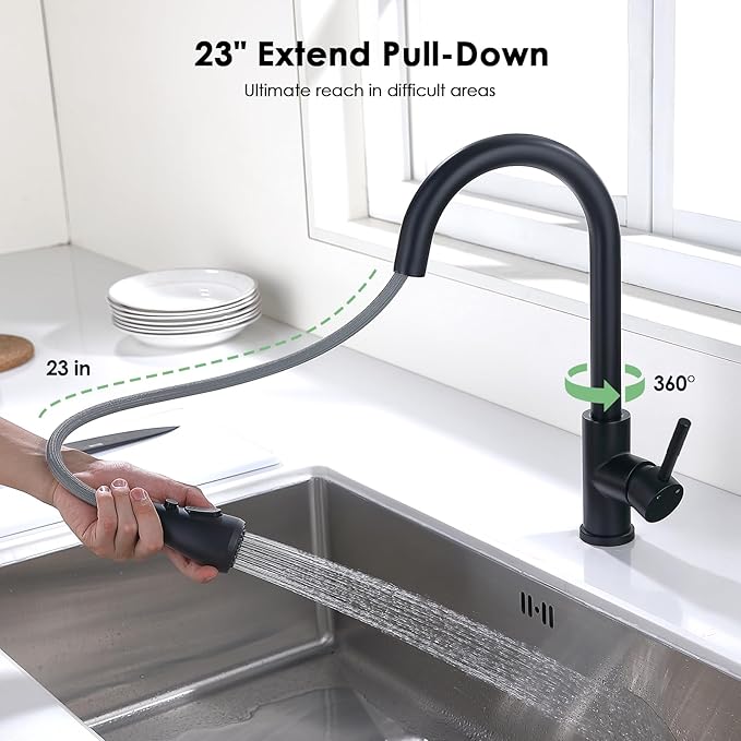 Kitchen Faucet with Pull Down Sprayer, Matte Black High Arc Single Handle Bar Sink Faucet, Stainless Steel, 3 Mode, Grifos para Fregaderos de Cocina