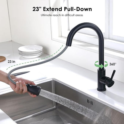 Kitchen Faucet with Pull Down Sprayer, Matte Black High Arc Single Handle Bar Sink Faucet, Stainless Steel, 3 Mode, Grifos para Fregaderos de Cocina