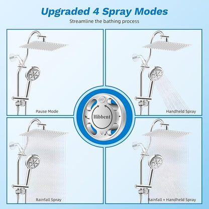 Hibbent cUPC Certified All Metal 12" Rainfall Showerhead Combo, High Pressure Shower Head with 10-Spray Mode Handheld, Innovative 4-way Diverter with Pause Mode, 71'' Shower Hose and Holder, Chrome