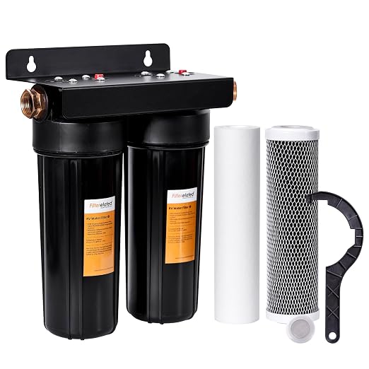 Filterelated RV Dual Water Filter System with 3/4" Brass Fittings Two Filters Included Reduces Sediment,Chlorine,Bad Taste and Odors,Suitable for RVs,Boats,Farming &Gardening