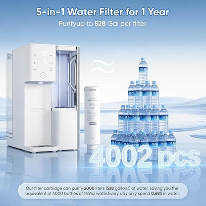 Reverse Osmosis Water Filter Countertop 5 Stage RO System, Hot & Cold Water Dispenser, 4:1 Pure to Drain, TDS Display & Filter Life, No Installation Portable RO Water Purifier for Home