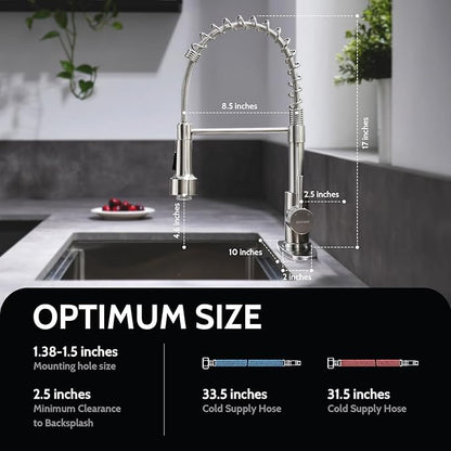WEWE Kitchen Faucets, Brushed Nickel Kitchen Faucet with Pull Down Sprayer Spring Single Handle Stainless Steel Kitchen Sink Faucet with LED Light Deck Plate for Laundry Rv