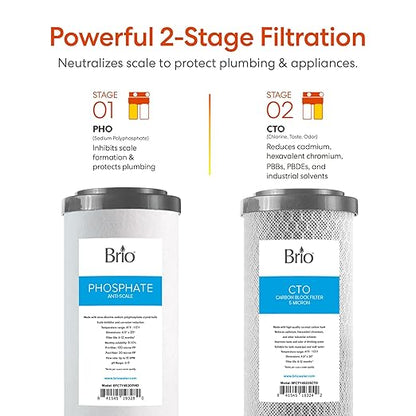 Brio Whole House Water Filter System w/Gauges | 2 Stage Fast-Flow Filtration (Phosphate Anti-Scale, CTO Carbon Block) 4.5" x 20" Filters | Improves Taste, Protects Home Appliances & Shower | 900 GPH