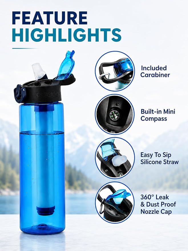 22oz Water Filter Bottle, Portable Outdoor Filtered Water Bottle with Multi-Layer Filtration, Improves Taste & Reduces Odor, BPA-Free Reusable Bottle for Hiking, Camping & Travel (Blue)