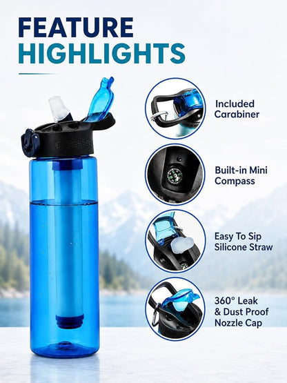22oz Water Filter Bottle, Portable Outdoor Filtered Water Bottle with Multi-Layer Filtration, Improves Taste & Reduces Odor, BPA-Free Reusable Bottle for Hiking, Camping & Travel (Blue)