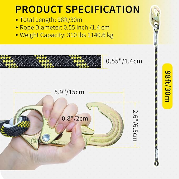 100FT Vertical Lifeline Assembly, Heavy Duty Fall Protection Safety Rope with Rope Grab, Steel Snap Hooks & Shock Absorber, Tree Climbing High-Altitude Safety Line Kit, ANSI CE