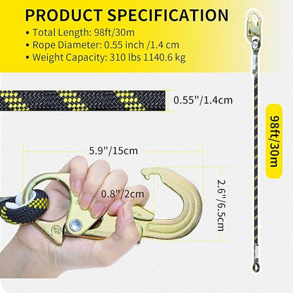 100FT Vertical Lifeline Assembly, Heavy Duty Fall Protection Safety Rope with Rope Grab, Steel Snap Hooks & Shock Absorber, Tree Climbing High-Altitude Safety Line Kit, ANSI CE