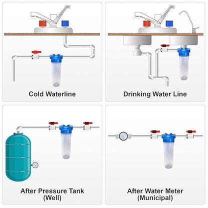 10 Inches European Design Transparent Standard Whole House Water Filter System with Presser Relief Valve, 3/4” Inlet/Outlet Brass Port and Yearly Supply (4) Wound Spring Sediment Cartridges 5 Micron