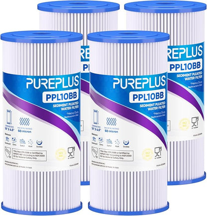 PUREPLUS 50 Micron 10" x 4.5" Extra Coarse Pleated Sediment Filter for Well Water, Replacement Cartridge for GE FXHSC, Culligan R50-BBSA, Pentek R50-BB, DuPont WFHDC3001, W50PEHD，GXWH40L, 4Pack