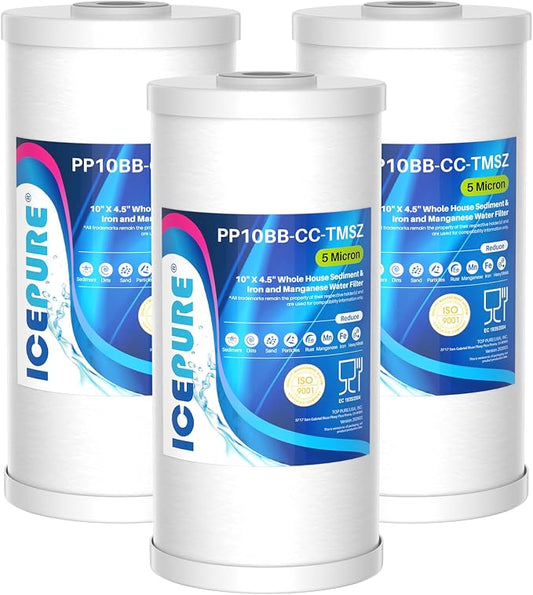 ICEPURE 5 Micron 10" x 4.5" Whole House Sediment and Iron Manganese Resin Water Filter Compatible with GE FXHTC, GXWH40L, RFC-BBSA W50PEHD Whirlpool WHKF-GD25BB GXWH35F GNWH38S Dupont WFHD13001, 3PACK