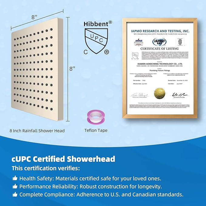 Hibbent cUCPC Certified Metal Shower Head, 8'' High Pressure Rainfall Shower Head, Bathroom Waterfall Shower Heads, High Flow Fixed Showerheads with Adjustable Brass Ball Joint, Brushed Nickel