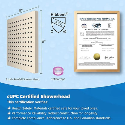 Hibbent cUCPC Certified Metal Shower Head, 8'' High Pressure Rainfall Shower Head, Bathroom Waterfall Shower Heads, High Flow Fixed Showerheads with Adjustable Brass Ball Joint, Brushed Nickel