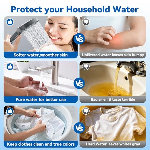 Whole House Filtration System,3-Stage Whole House Water Filter System,Reduces Chlorine Odor Bad Taste, Improves Skin Health, 3/4" Ports with 2 Valves, Extra 2 Sets of Replacement Filters