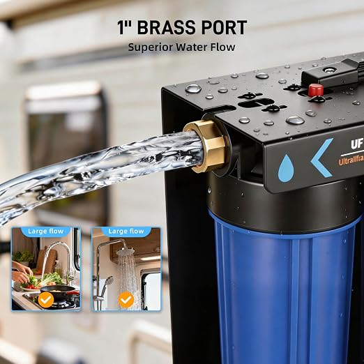 3-Stage RV Water Filter System, 0.01 Micron UF Filter, 1" Brass Inlet/Outlet, 90° Elbow Adapter, Reduces Sediment, Heavy Metals, Chlorine and More, Cleaner Water for RVs, Campers and Trailers