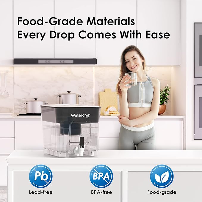 Waterdrop WFD-22L-A Alkaline Water Filter Dispenser, Large 40-Cup Water Filter Pitcher, Healthy, Clean & Toxin-Free Mineralized Alkaline Water, 100-Gallon, BPA Free, Black