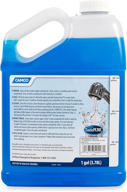 Camco TastePURE Spring Fresh Water System Cleaner & Deodorizer - Features Safe Eco-Conscious Formula - 1 Gallon Cleans Up to 100 Gallon Tank w/One-Step No Measuring Solution - 1 Gallon (40207)