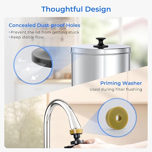 Waterdrop TK-AB Gravity Water Filter System with Silver Ions Filtration | NSF/ANSI 42&372 Standard, Reduces Chlorine, Stainless-Steel System with 2 Black Carbon Filters, 2.25G