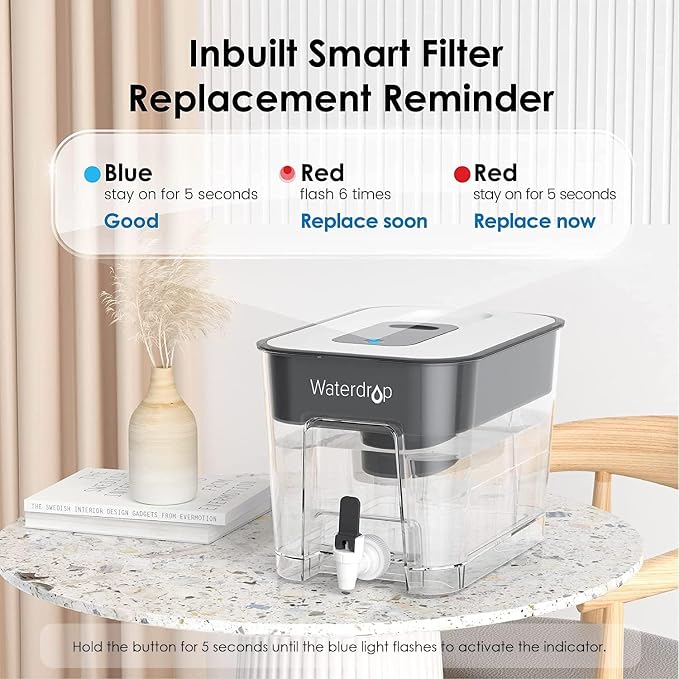 Waterdrop WFD-22L Water Filter Dispenser with 4 Filters, 40-Cup, Black | 200-Gallon Long-Life Water Filter Pitcher, Large Capacity, Reduces Chlorine, PFOA/PFOS and More, BPA Free