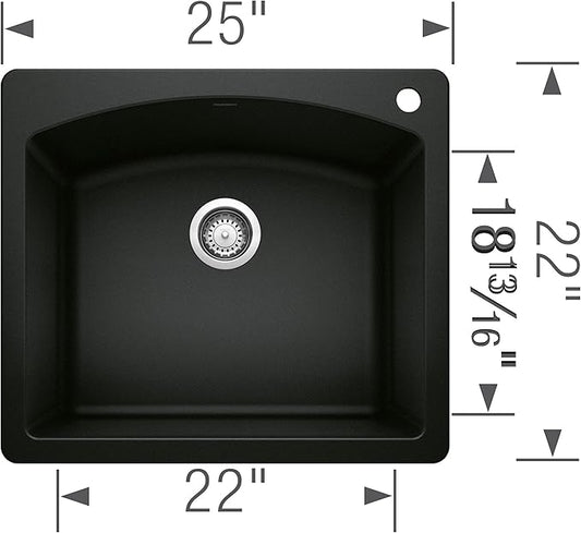 BLANCO Diamond Silgranit 50/50 Double Bowl Undermount or Drop-In Kitchen Sink, 33x22x9.5, Coal Black