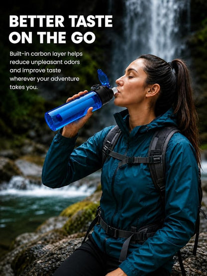 22oz Water Filter Bottle, Portable Outdoor Filtered Water Bottle with Multi-Layer Filtration, Improves Taste & Reduces Odor, BPA-Free Reusable Bottle for Hiking, Camping & Travel (Blue)