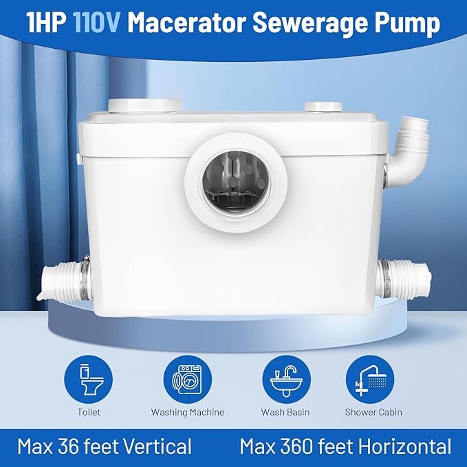 750watt Macerating Toilet with Pump, Two-Piece Upflush Toilet For Basement, Powerful & Quiet Macerating System With 3 Water Inlet & Ac Vent, 36ft Vertically, Elongated Bowl