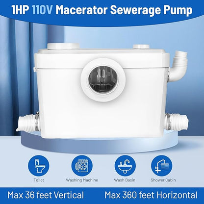 750watt Macerating Toilet with Pump, Two-Piece Upflush Toilet For Basement, Powerful & Quiet Macerating System With 3 Water Inlet & Ac Vent, 36ft Vertically, Elongated Bowl