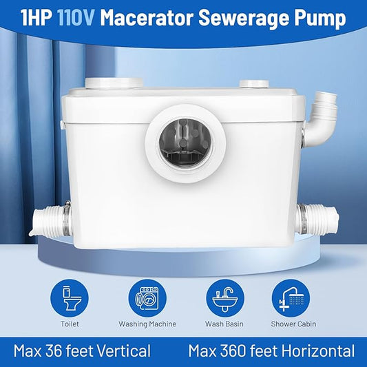 750watt Macerating Toilet with Pump, Two-Piece Upflush Toilet For Basement, Powerful & Quiet Macerating System With 3 Water Inlet & Ac Vent, 36ft Vertically, Elongated Bowl