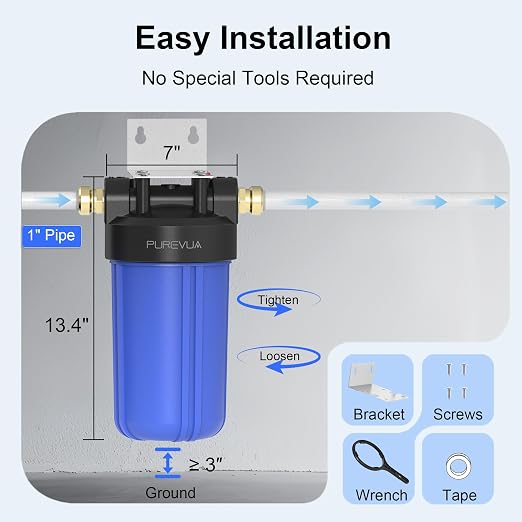 PWB10 Whole House Water Filter Housing, Fits 10” x 4.5” Big Blue Filters, Inline Pre-Filtration System for RV, Home Well and City Water Sediment etc with 1" NPT Port, Pressure Relief Valve