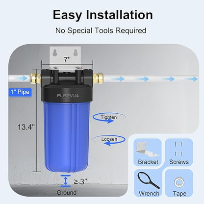 PWB10 Whole House Water Filter Housing, Fits 10” x 4.5” Big Blue Filters, Inline Pre-Filtration System for RV, Home Well and City Water Sediment etc with 1" NPT Port, Pressure Relief Valve