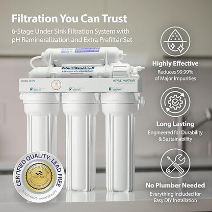 APEC Water Reverse Osmosis Water Filter System, WQA Certified, 6-Stage with Alkaline Mineral pH+ and Extra High Capacity Pre-Filter Set Stage 1-3, Ultra Safe Essence Series, 75 GPD