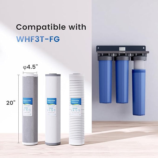 Waterdrop Whole House Water Filter, Carbon Filter, Reduce Iron & Manganese Filter Cartridge, Replacement for, Any 20" x 4.5" System, 5 Micron，WD-WF20PFC