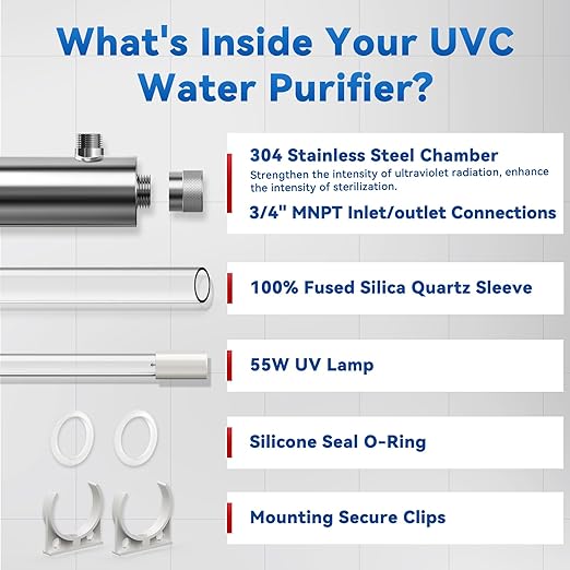 UV Water Filter Whole House, 3/4" MNPT 55W Water Purifier System for Whole House Water Purification,12 GPM, 120V, 1500H Lamp Life, +1 Extra Lamp
