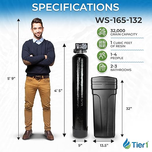Tier1 Whole House Water Softener System 32000 Grain Capacity | High Efficiency Design with Ceramic Control Valve | Preloaded 1 Cubic Foot Resin Mineral Tank | Home Filtration System for 3 to 4 Baths