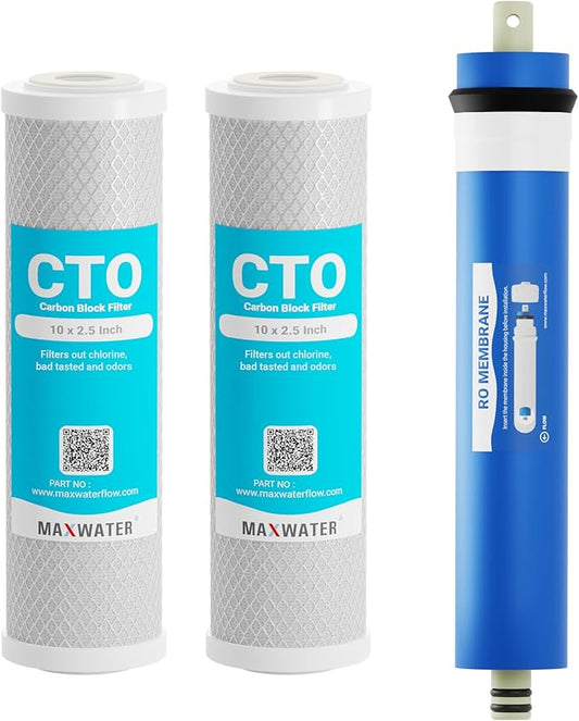 Max Water Combo Pack FX12P and FX12M or TFM-24 Water Filter Replacement, Compatible GE RO Set GXRM10RBL GXRM10G Reverse Osmosis Systems - Carbon Block Filters and 50 GPD RO Membrane (Membrane + 2 CTO)