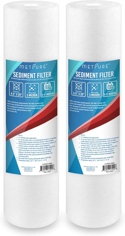 Metpure 20" x 4.5" Whole House Sediment Water Filter Cartridge - 5 Micron Melt-Blown Polypropylene 20-inch Water Filter Replacement. Compatible with Hydronix, Pentek DGD Series, and more. 2 Pack