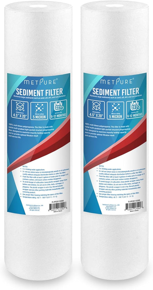 Metpure 20" x 4.5" Whole House Sediment Water Filter Cartridge - 5 Micron Melt-Blown Polypropylene 20-inch Water Filter Replacement. Compatible with Hydronix, Pentek DGD Series, and more. 2 Pack
