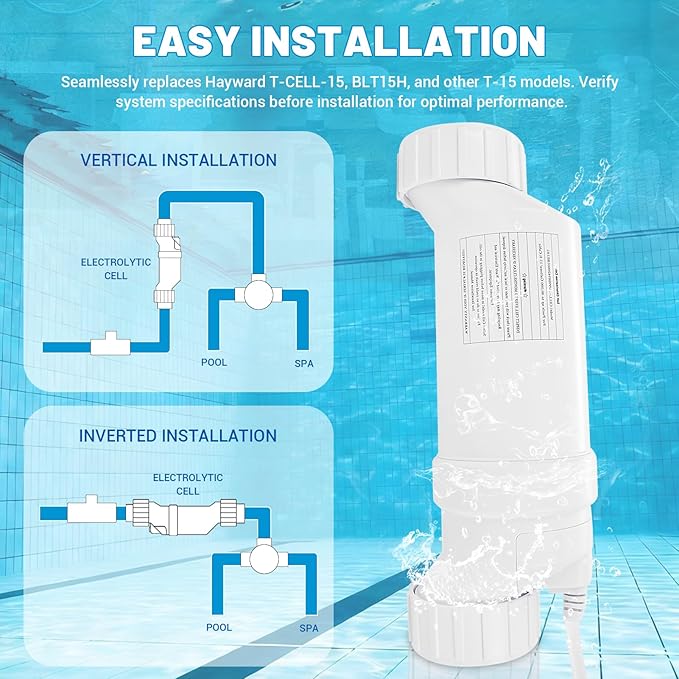 T-15 Salt Cell Replacement Compatible with Hayward AquaRite, AquaTrol, Pro Logic, Fit for W3T-CELL-15 BLT15H, Up to 40K Gallon Turbo Chlorine Generator
