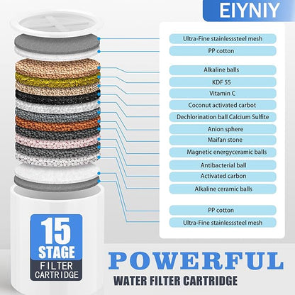Universal Shower Filter, High Output with Replaceable 15-Stage Cartridge to Remove Chlorine & Impurities, Improve Water Quality for Skin & Hair Care, Chrome，with Bracket Holder (EY-009S)