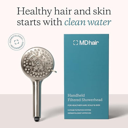 MDhair Handheld Filtered Shower Head for Healthier Hair & Skin – 5-Stage Filter Removes Chlorine & Heavy Metals, High Pressure Showerhead Filter for Hard Water, Dermatologist-Formulated Water Softener