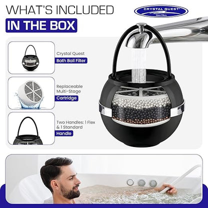 Crystal Quest Bath Ball Filter for Tub Faucet, Bathtub Water Filter, BPA-Free Bathtub Filter, Removes Chlorine, Lead & Impurities, Improves Skin, Hair & Nails, Long Lasting, Fits Most Tubs - Black