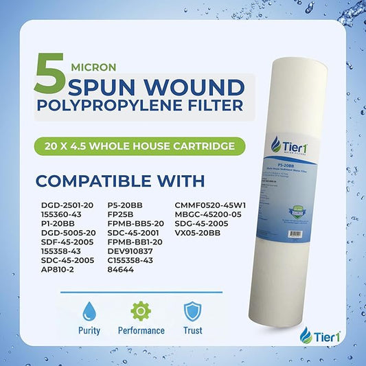 Tier1 5 Micron 20x4.5 Water Filter | Spun Wound Polypropylene Whole House Sediment Pre-Filter Cartridge | Replacement for Pentek DGD-5005-20, SDC-45-2005 | 4.5 x 20 Water Filter Cartridge (25-Pack)