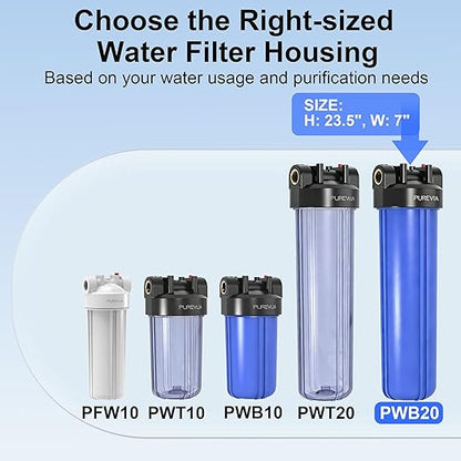 PWB20 Whole House Water Filter Housing, Fits 20” x 4.5” Big Blue Filters, Inline Pre-Filtration System for RV, Home Well and City Water Sediment etc with 1" NPT Port, Pressure Relief Valve