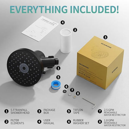 SR SUN RISE Filtered Shower Head - High Pressure Rain Shower Head with 20-Stage Filterr, 6 Spray Modes for Hard Water Softener, Remove Chlorine & Heavy Metals (Black, 5.5 Inch Round)