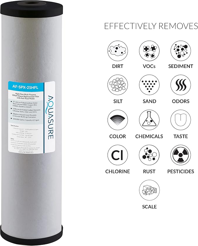 Aquasure Fortitude V2 Series AF-SPX-25HFL Sediment/Carbon/Siliphos Anti-Rust Media, Bacteria & Scale Inhibitor, Triple Purpose Whole House Replacement Filter Cartridge For AS-FL-25SPX, Large Size