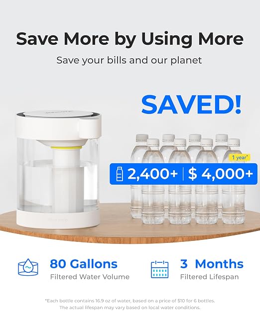 Waterdrop ED12W Glass Rechargeable Water Filter Dispenser, Large 22-Cup, Reduce 70+ Contaminants, Instant Eco-Friendly Countertop Water Filter System, 5-Stage Soften Water Pitcher, with 1 Filter
