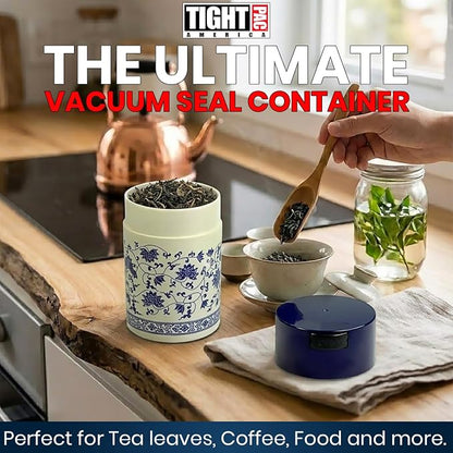 Tightpac Teavac 6-Ounce Vacuum Sealed Tea Storage Container, Blue Cap and White Body/Floral Design