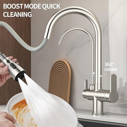 Kitchen Sink Faucet with Pull - Down Sprayer, 2 - Handle 3 - in - 1 Kitchen Sink Filter Faucet, Cold and Hot Mixer Drinking Water Faucet (3-in-1 Filter Faucet, Brushed Nickel-1)